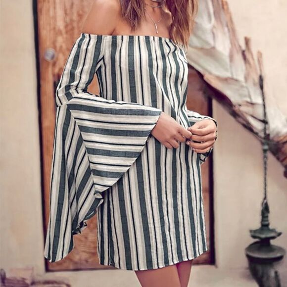 Lulus Along the Tides  Blue Striped Off Shoulder Mini Dress Bell - Picture 1 of 13
